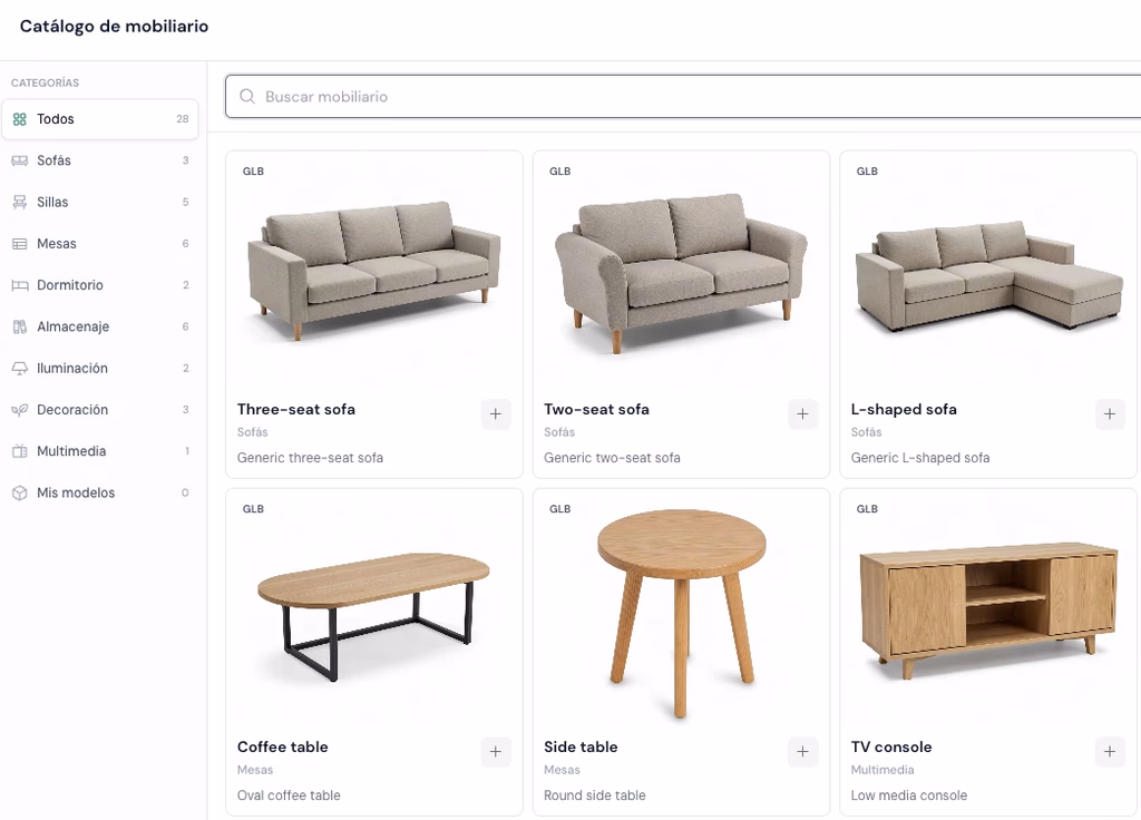 Furniture catalog with sofas, tables, and storage options