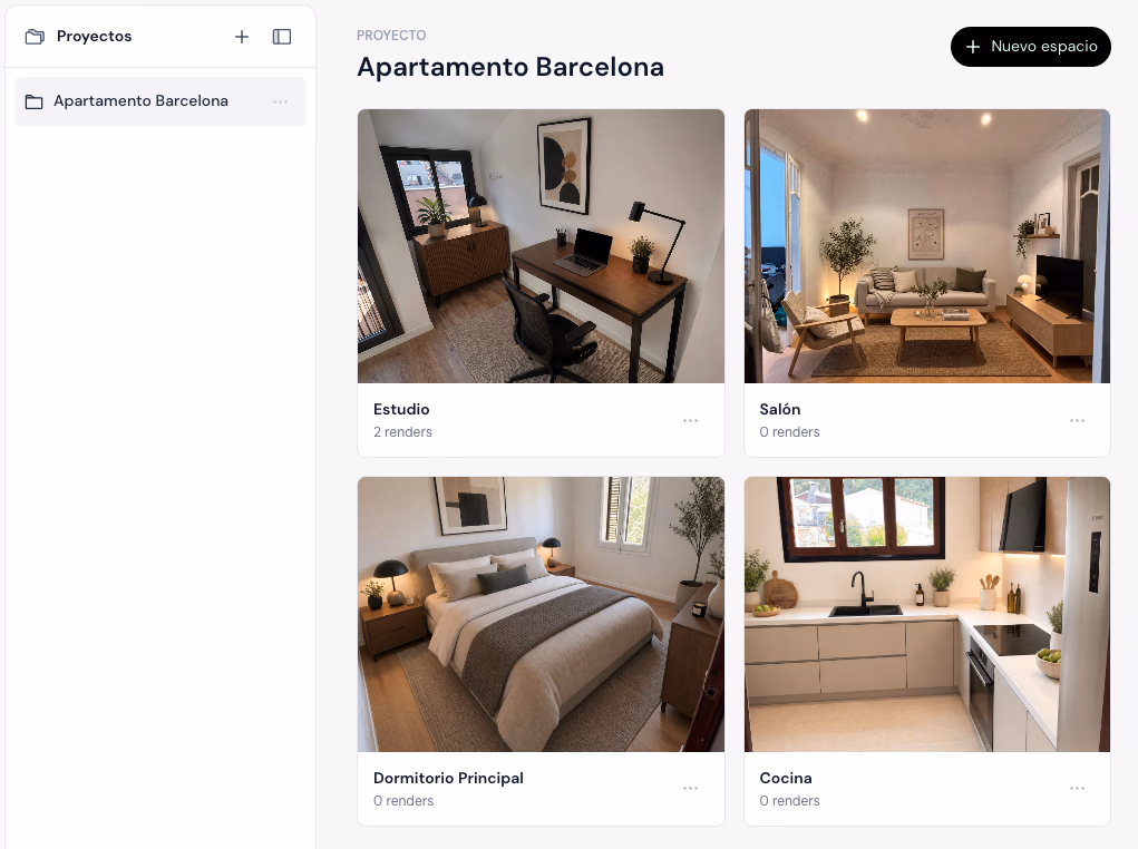 Lumo Stage project dashboard showing an apartment and its spaces