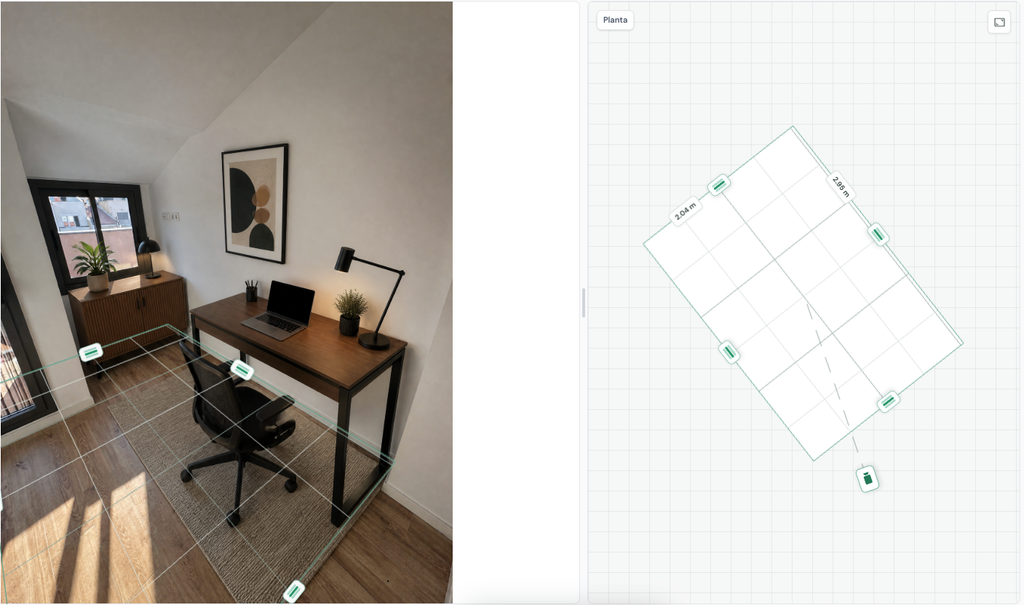 Lumo Stage spatial editor showing a photographed room and its measured floor plan